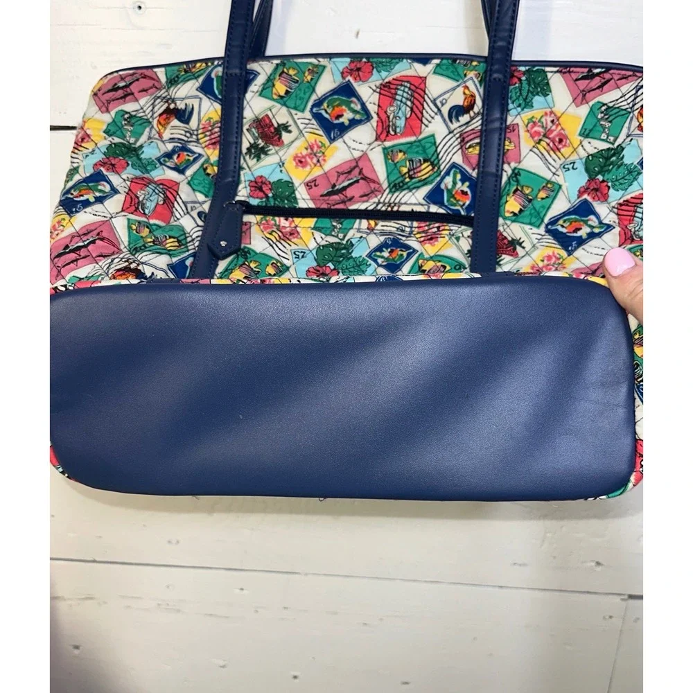 Vera Bradley RETIRED Cuban stamps from Paradise Quilted Tote Bag Navy Blue